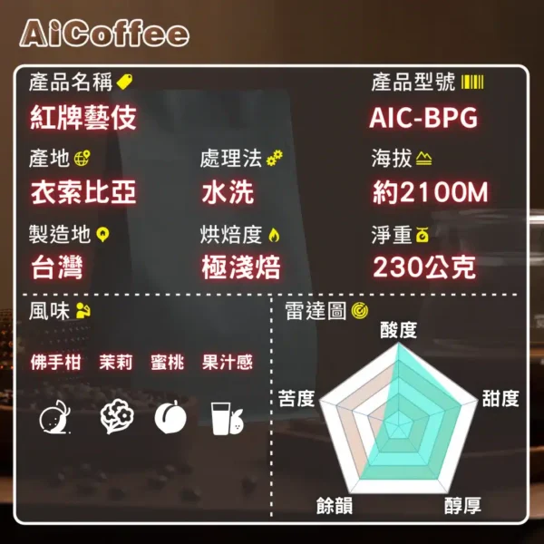 紅牌藝伎-規格雷達圖 紅牌藝伎 精品咖啡豆 (230g/袋)